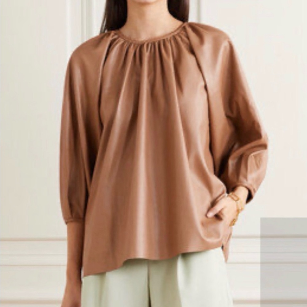 The Frankie Shop Tan Faux-Leather Gathered-Neck Blouse